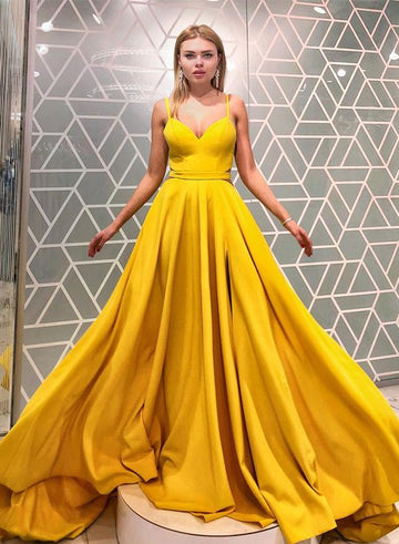 Yellow v neck long prom dress, yellow evening dress HZ1023